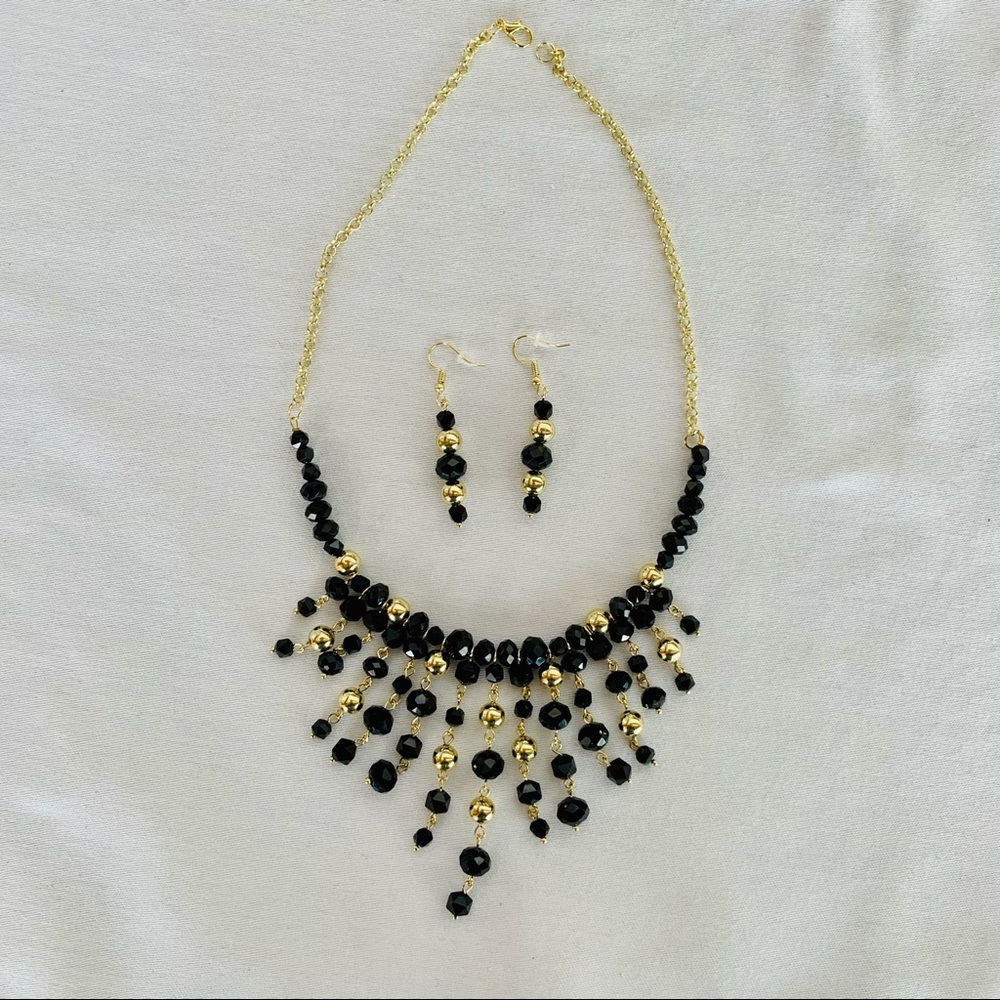 Ebony Crystal and Gold Necklace and Earring Set